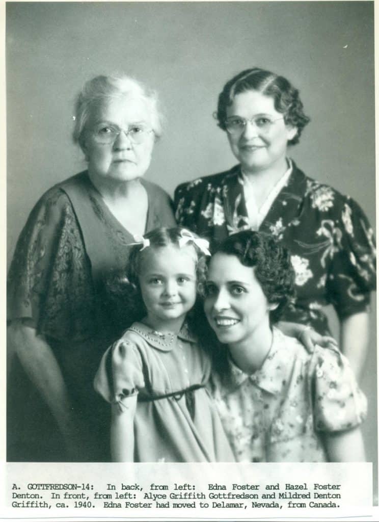 A black and white photo shows four women and a young girl, three smiling, with text below.