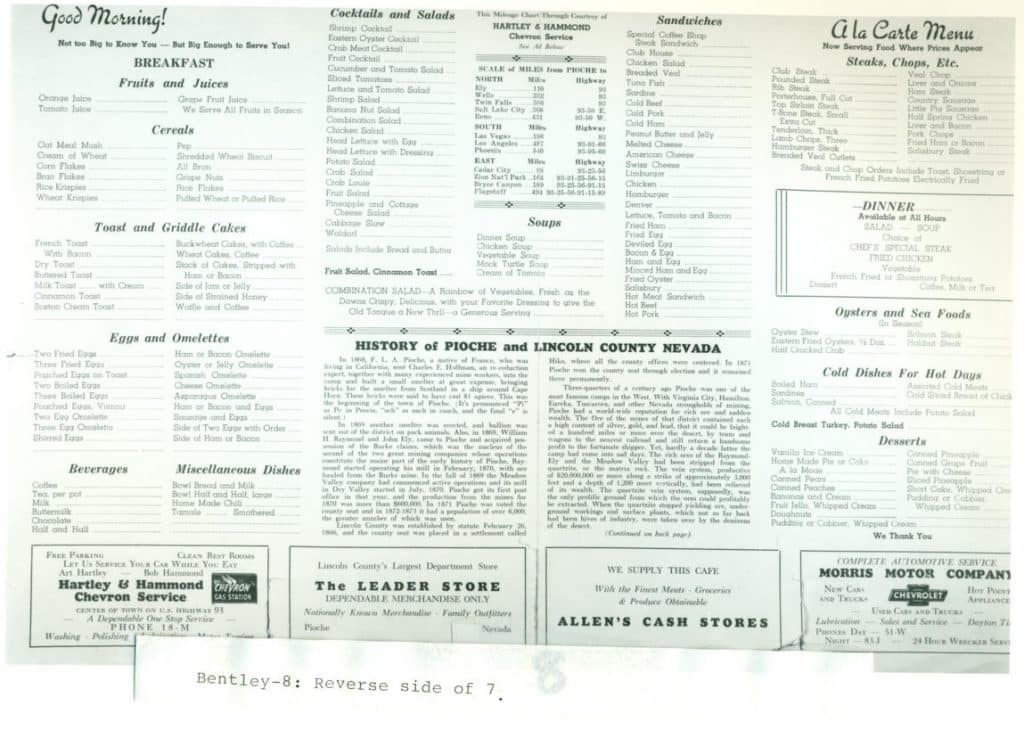 A vintage menu with "Good Morning!" at the top, listing breakfast, lunch, and dinner options, and "HISTORY of PIOCHE and LINCOLN COUNTY NEVADA."