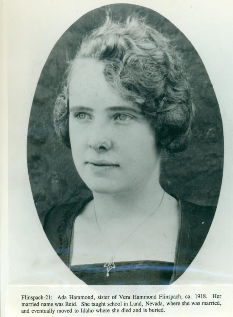 A black and white oval portrait shows a young woman with light, wavy hair and a necklace.