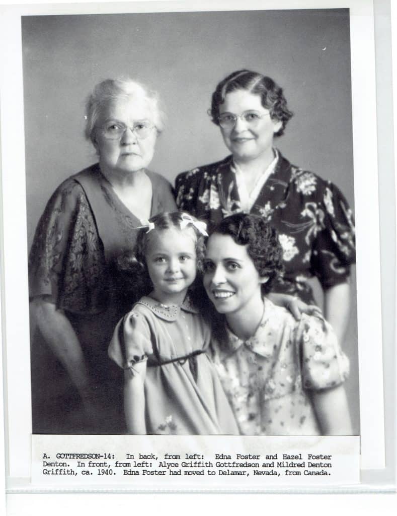 A black and white photo shows four smiling women and a young girl, with text below.