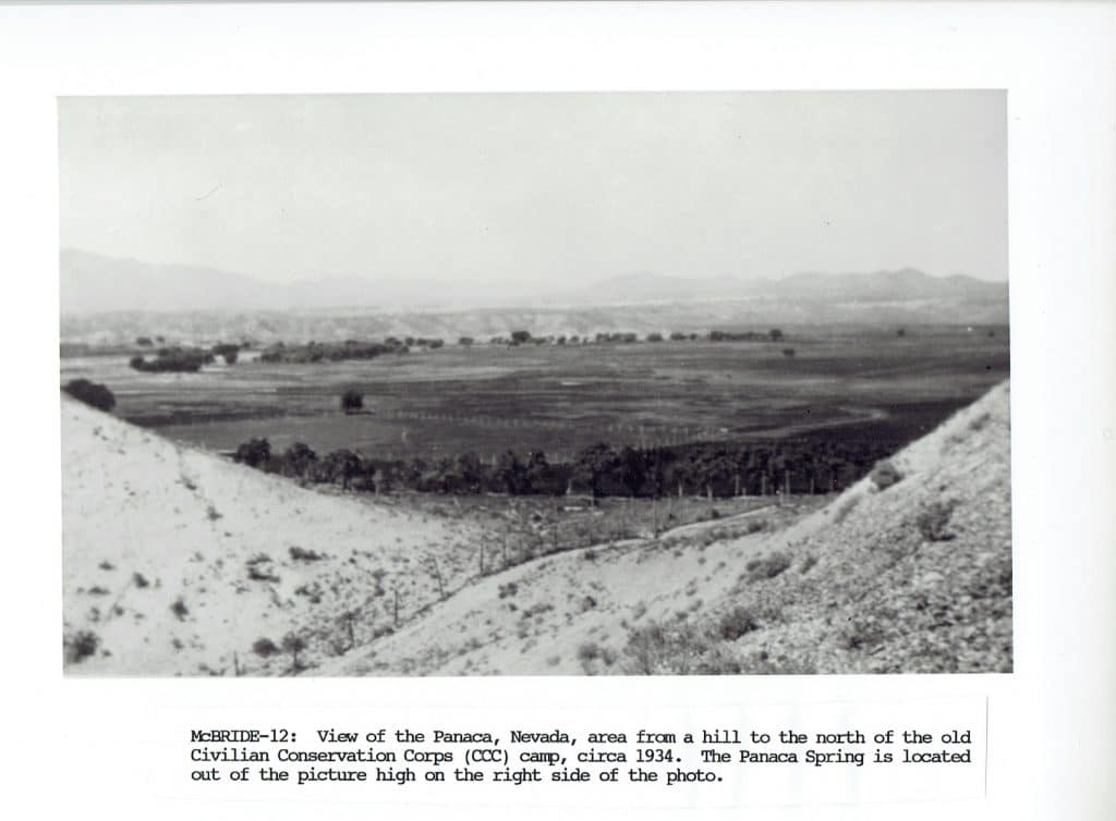 Black and white photo of a wide valley with scattered trees and hills under a light sky.