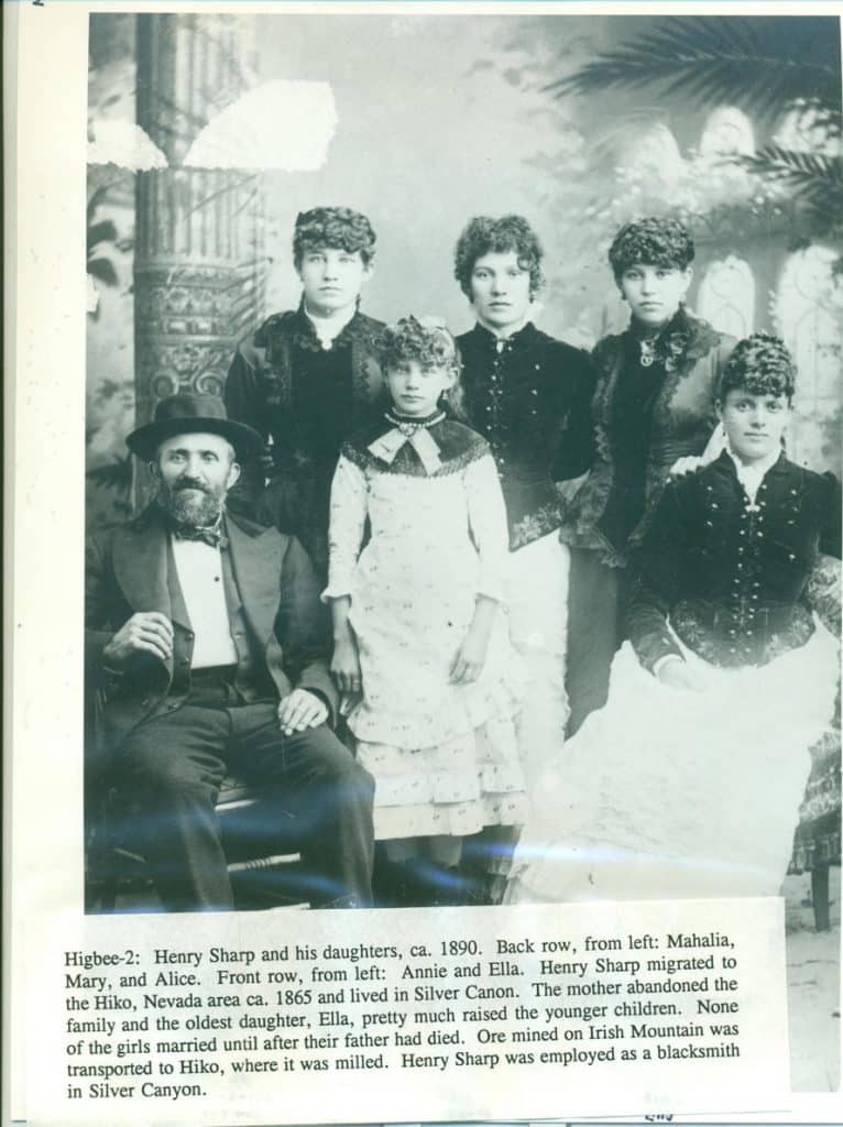 A bearded man in a hat sits with five young women in dark dresses and one girl in a white dress.