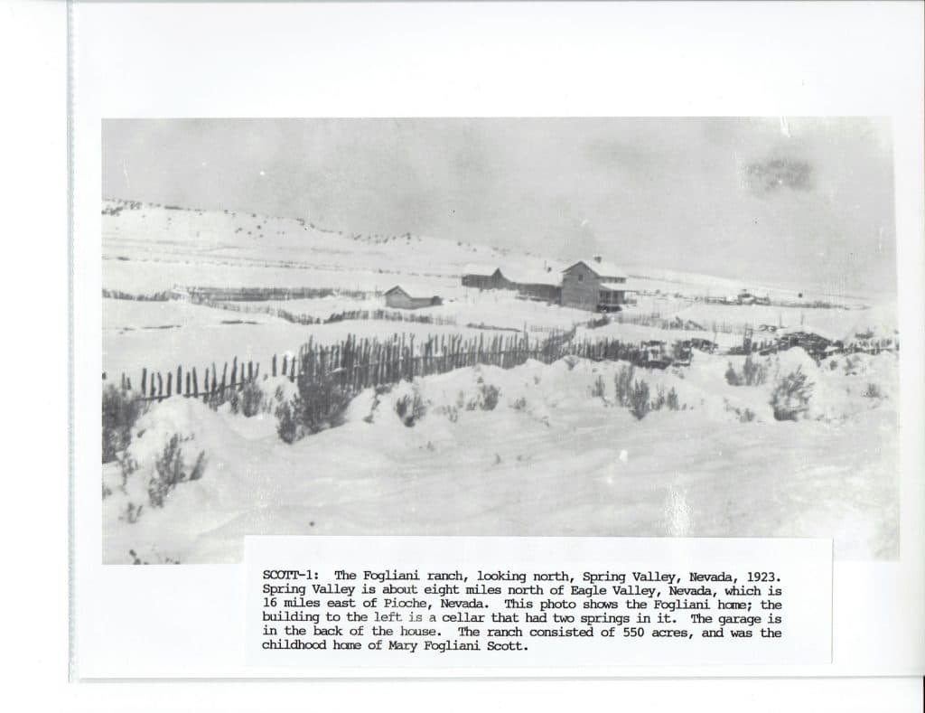 A black and white photo of a snow-covered ranch with a house and fences, with text "SCOTT-1".