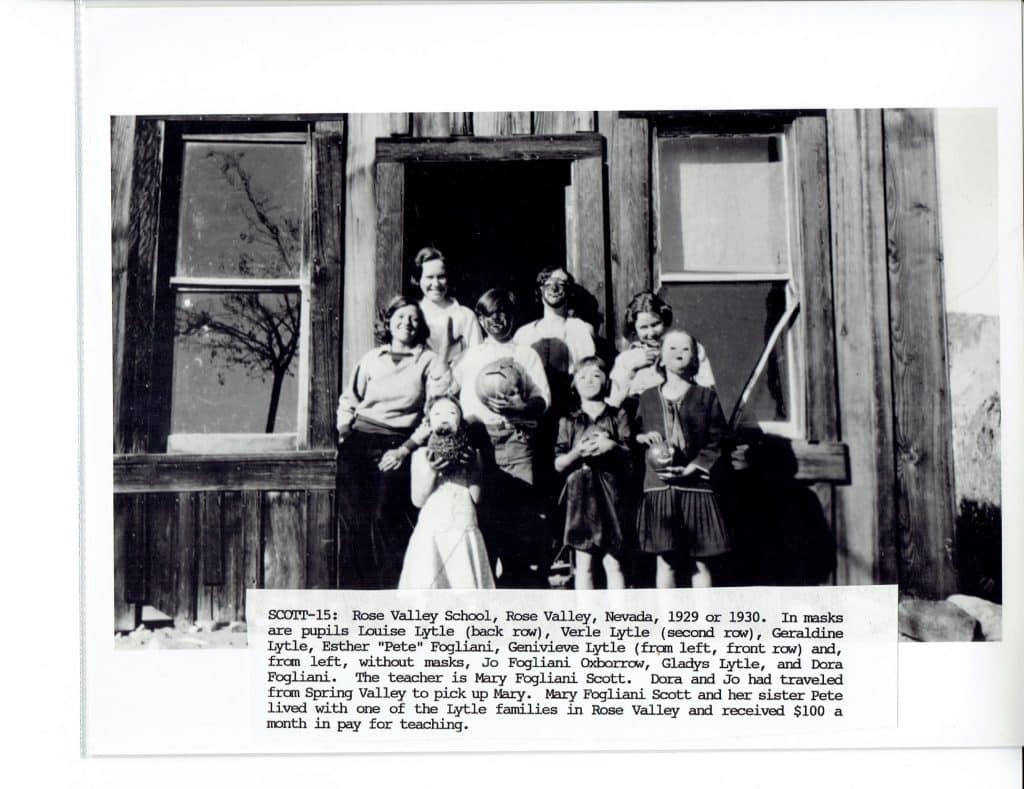 "SCOTT-15: Rose Valley School, Rose Valley, Nevada, 1929 or 1930." is text below a group of people.