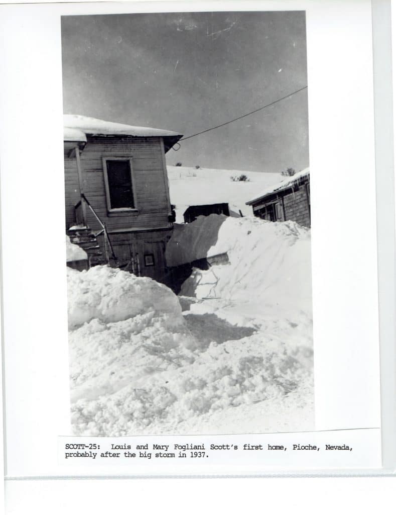 A black and white photo shows a house almost completely buried in snow, with "SCOTT-25" below.