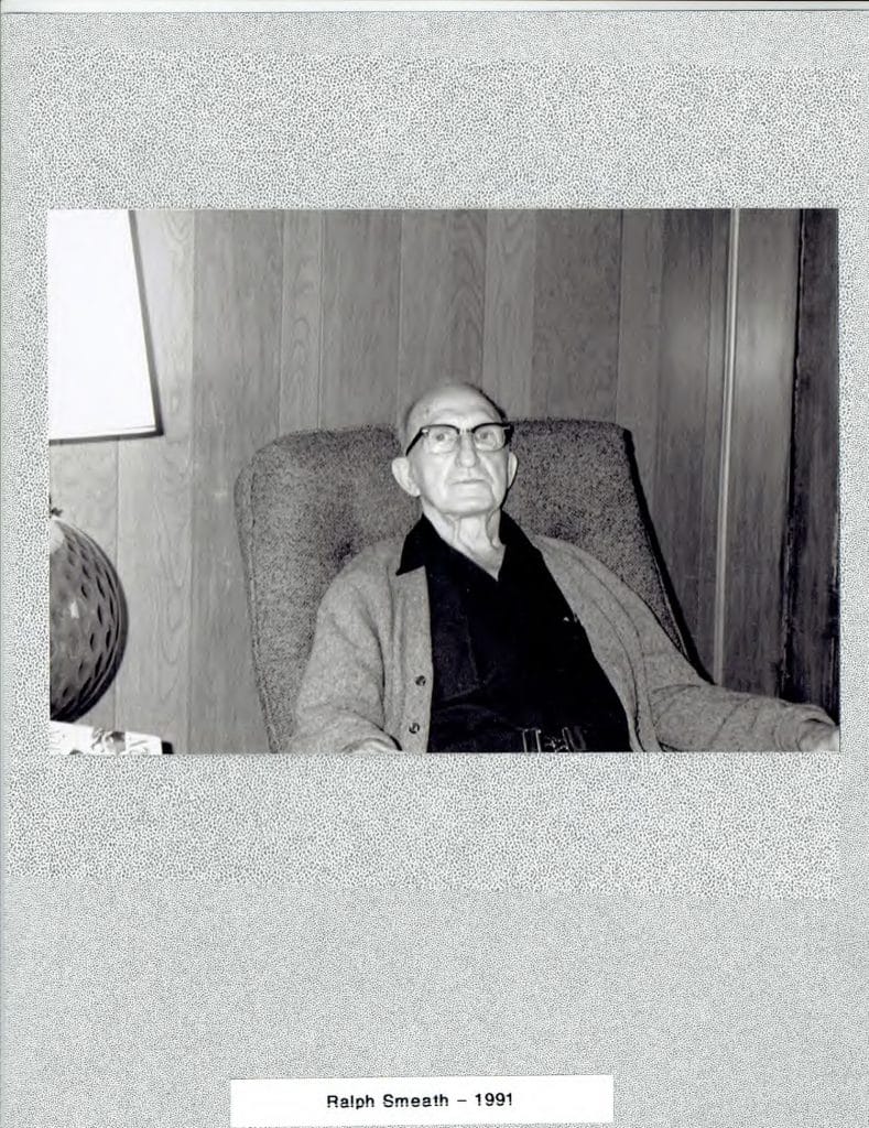 A black and white photo shows an older man with glasses sitting in an armchair, "Ralph Smeath - 1991".