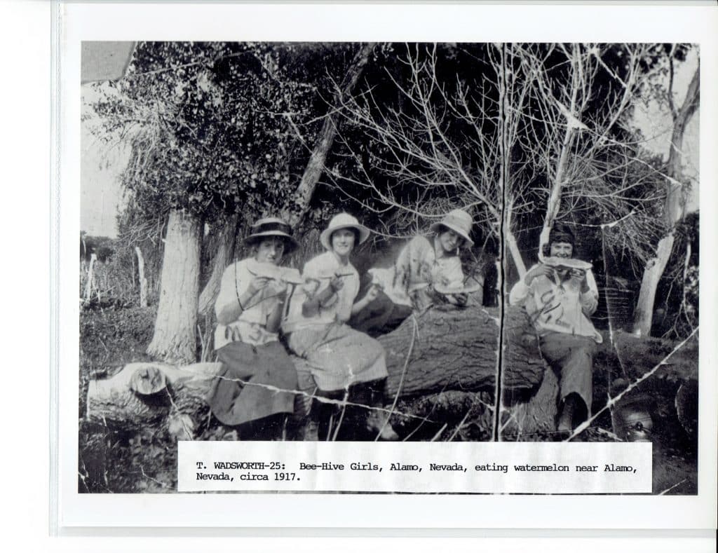 Four women in hats sit on a log, eating watermelon in a wooded area. "T. WADSWORTH-25: Bee-Hive Girls, Alamo, Nevada, eating watermelon near Alamo, Nevada, circa 1917."